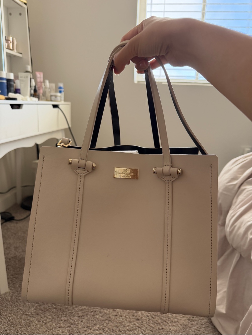 kate spade Cream Leather Structured Tote with Gold Logo Plate - Picture 7 of 7